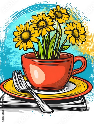 A red coffee cup filled with beautiful yellow flowers