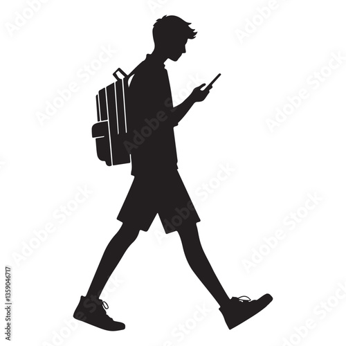 Silhouette of Student Walking Using Cellphone with Backpack