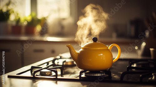 Yellow teapot steaming on kitchen stove.