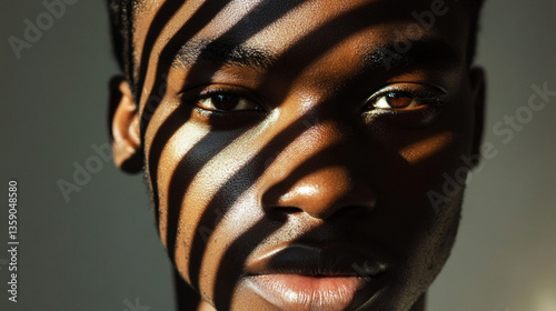 Close-up portrait of a young Black man's face, partially shadowed by venetian blinds.