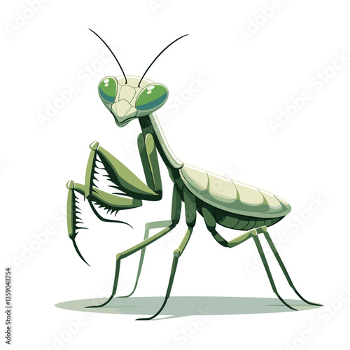 Green praying mantis in detailed side view with realistic features. Great for insect education, garden pest control information, or natural science illustrations.