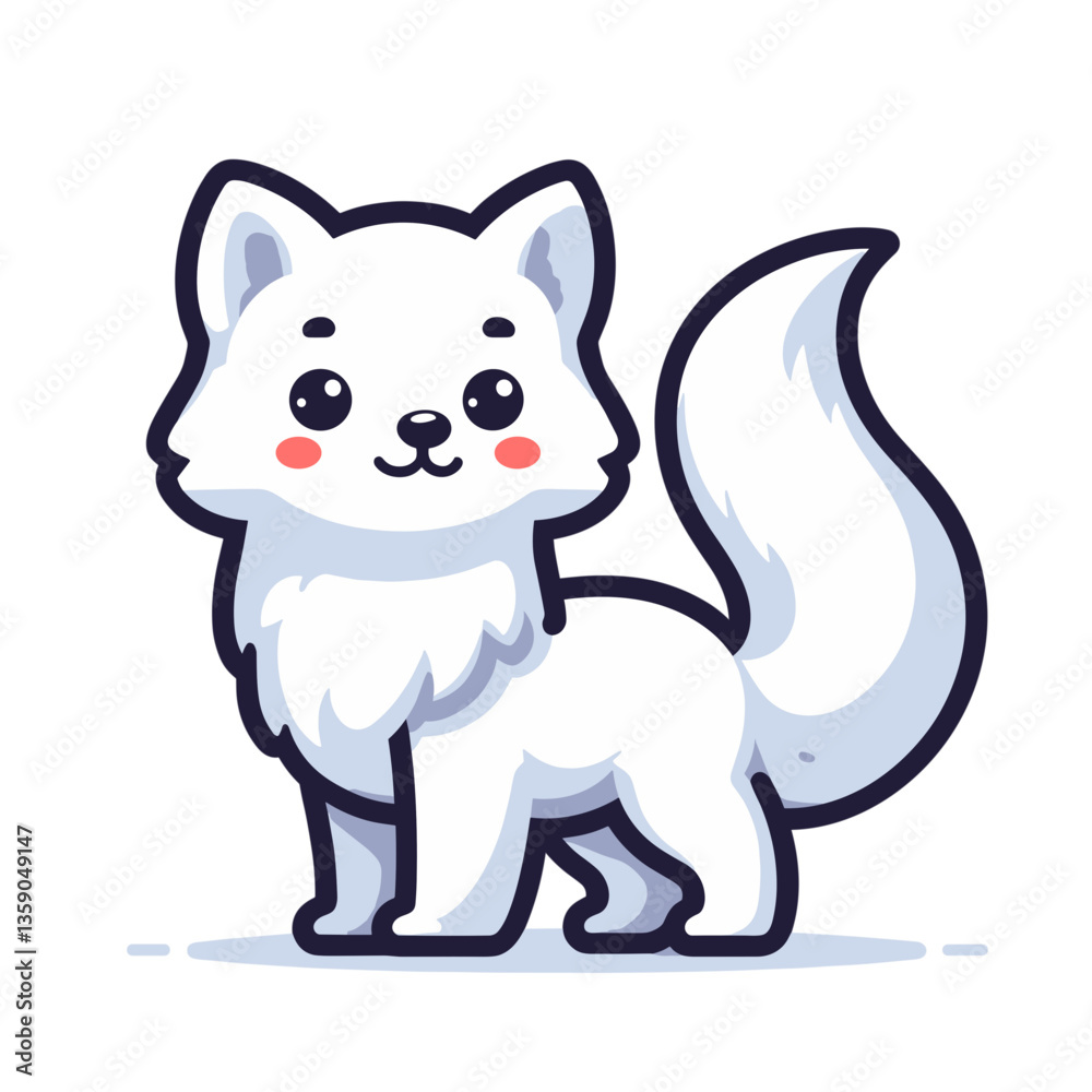 Obraz premium Adorable arctic fox cartoon with white fur, standing pose. Perfect for winter wildlife education and children's storybooks.