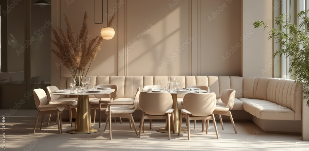 elegant beige restaurant interior with round tables and plush seating elegant beige restaurant interior with round tables and plush seating