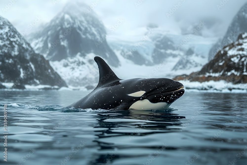 Obraz premium Majestic Killer Whale: Graceful Swim in Cold Arctic Waters Amid Stunning Scenery