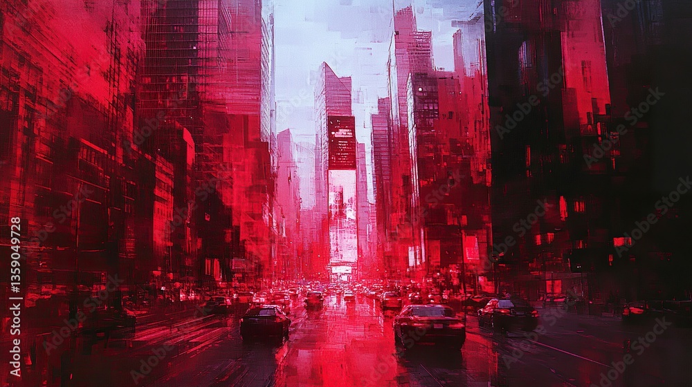 Fototapeta premium The red light holds firm above busy streets sleek high-rises and reflective windows capturing the essence of a business district in motion. 