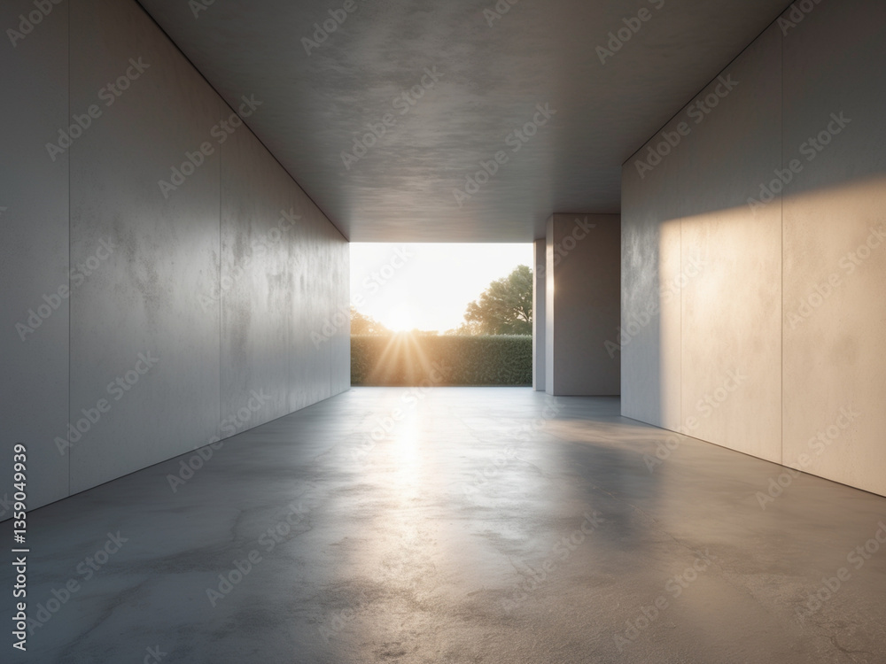 Fototapeta premium A minimalist architectural space with concrete walls and floor, illuminated by warm sunlight. The open design blends indoor and outdoor elements, creating a modern and serene atmosphere.