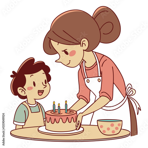 Mother Preparing a Birthday Cake for Her Child - Vector Illustration. Perfect for: Birthday Celebrations, Mother's Day, Family Gatherings, Parenting Blogs