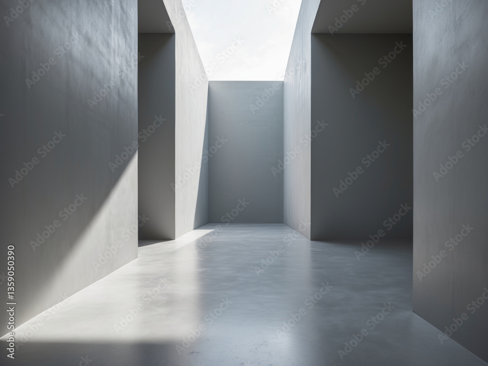 Fototapeta premium A modern minimalist interior with concrete walls and floors. Sunlight casts geometric shadows, creating a serene and sophisticated atmosphere.