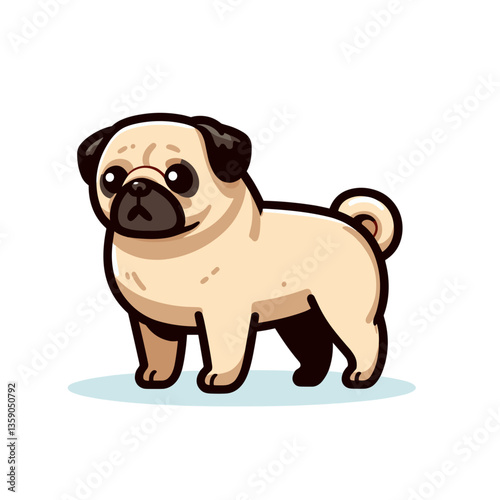 Pug dog in standing pose on light blue background. Ideal for breed-specific pet content, companion animal education, or dog lover merchandise.