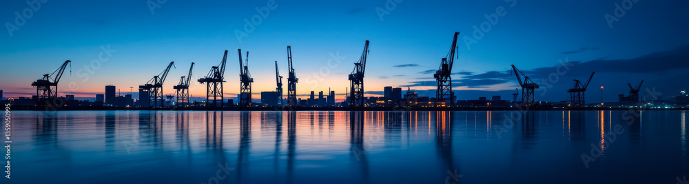 silhouetted harbor cranes reflected in calm water at twilight