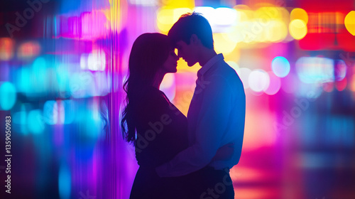 Silhouetted couple embracing in vibrant city night lights.