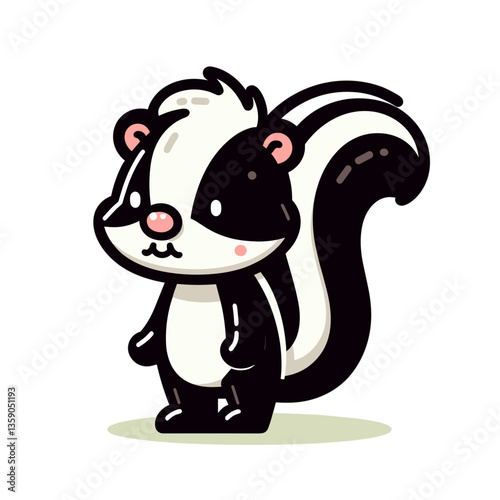 Black and white skunk in standing pose on light background. Perfect for woodland wildlife education, nocturnal animal themes, or forest conservation.