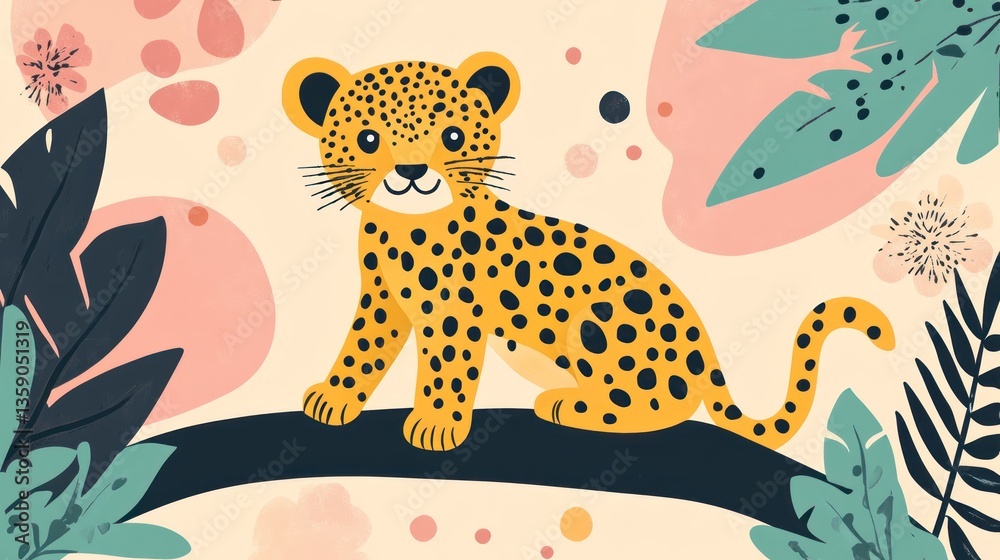 Naklejka premium Cute cartoon leopard cub in jungle background. Ideal for children's book illustration or a whimsical print