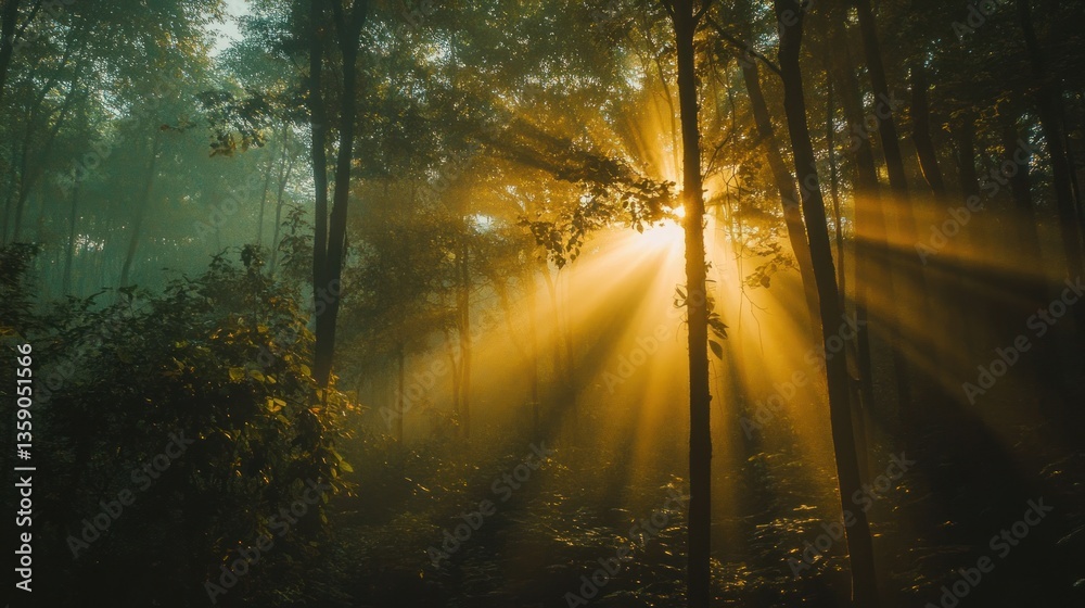 Naklejka premium Golden sunlight streams through misty forest canopy