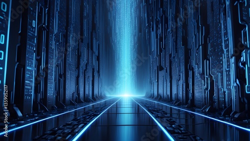 Futuristic Digital Highway: Glowing Neon Blue Data Stream