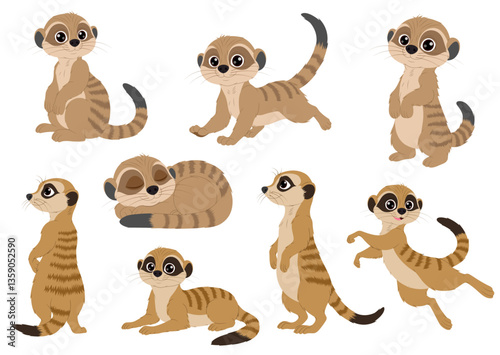 Seven cartoon meerkats in various poses suitable for childrens books, educational materials, and wildlifethemed designs. Cute and versatile illustrations.