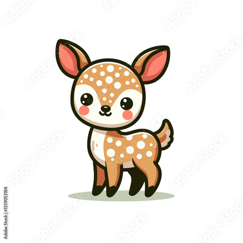 Adorable spotted fawn with curious expression. Perfect for children's nursery decor, woodland-themed designs, or wildlife conservation educational materials.