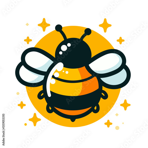 Cheerful cartoon bumblebee against golden background. Ideal for honey products branding, pollinator education materials, or spring-themed children's content.