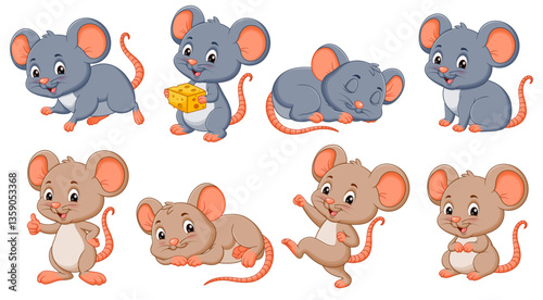 Eight cartoon mice in various poses, perfect for childrens books, educational materials, and animalthemed designs. Cute and versatile illustrations for multiple projects.