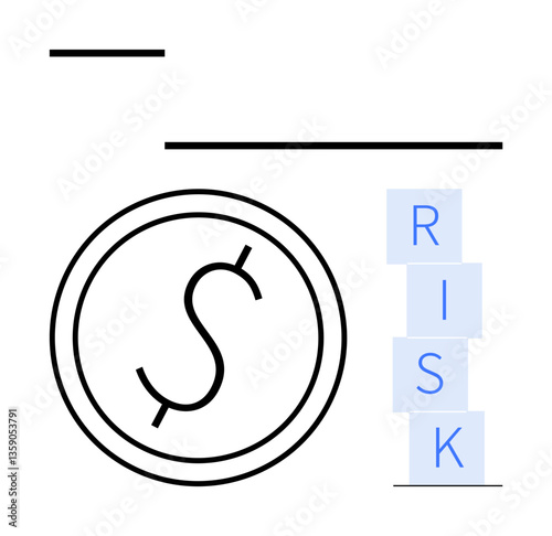 Coin with dollar sign and stacked RISK blocks symbolize financial balance, investment, or business challenges. Ideal for finance, economics, investment strategy, risk management, banking