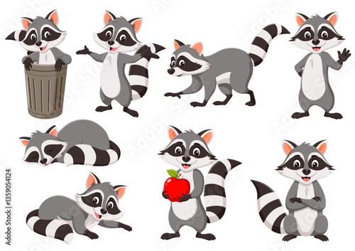 Eight cartoon raccoons in different poses. suitable for childrens books, nursery decorations, stickers, and wildlifethemed designs. Engaging and playful.