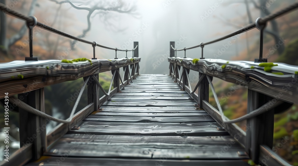 Fototapeta premium Misty Pathway: A Serene Wooden Bridge Through Enchanted Fog