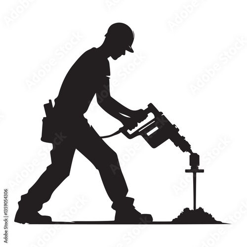 Construction worker using jackhammer silhouette illustration for industrial projects