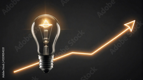Illuminated light bulb beside an upward arrow, representing idea generation and positive growth on a dark backdrop.