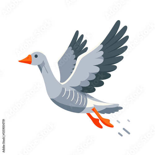 Gray goose in mid-flight with spread wings. Perfect for migration education, waterfowl hunting resources, or seasonal wildlife illustrations.