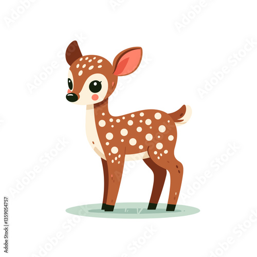 Innocent fawn with spotted coat and big eyes. Ideal for forest wildlife education, woodland nursery themes, or children's nature storybooks.