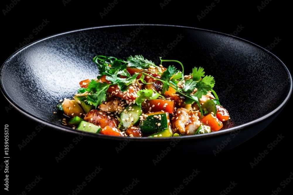 Chicken, veggies and sesame seed salad served in a black bowl, for healthy diet Chicken, veggies and sesame seed salad served in a black bowl, for healthy diet