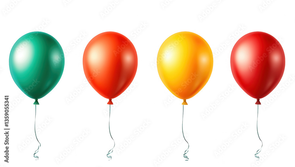four colorful balloons in green red yellow and another red each with a string attached set against a plain white background suggesting a festive or celebratory theme four colorful balloons in green red yellow and another red each with a string attached set against a plain white background suggesting a festive or celebratory theme