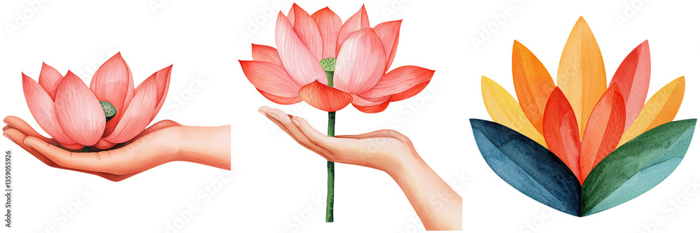 Obraz premium Zen productivity focus and meditation, Three illustrated lotus flowers displayed in various forms, including one held in a hand, showcasing their vibrant colors and delicate petals.