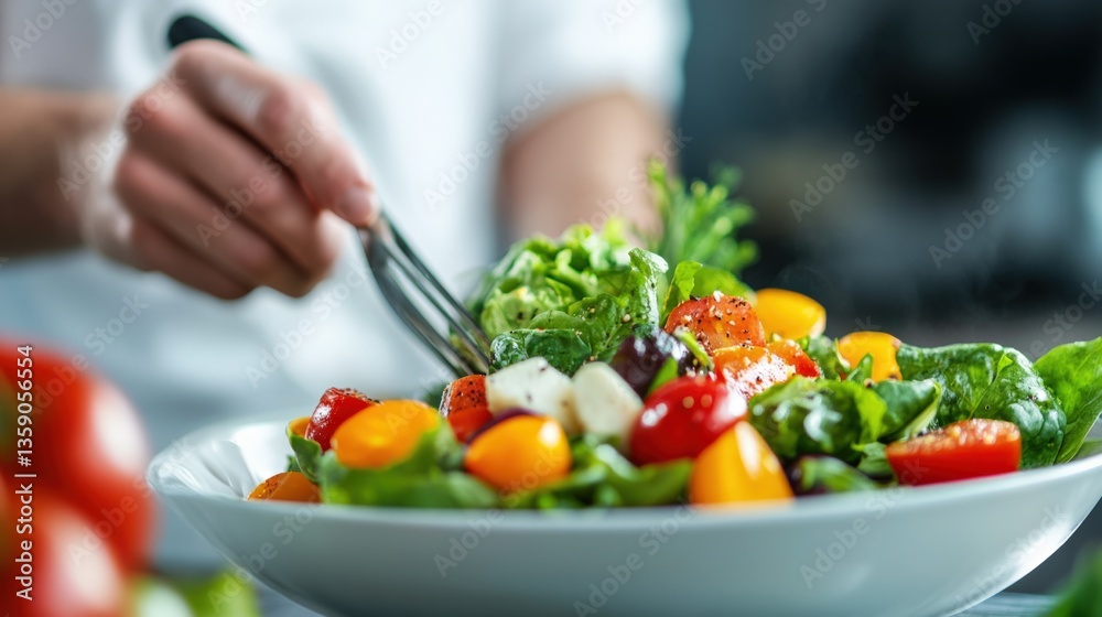 Person enjoys fresh garden salad Person enjoys fresh garden salad
