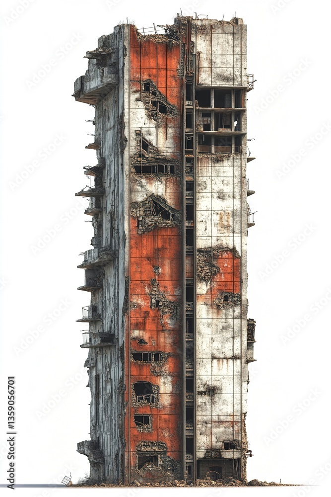 A desolate, ruined skyscraper with crumbled edges and exposed steel girders isolated against a white background dramatic decay. A desolate, ruined skyscraper with crumbled edges and exposed steel girders isolated against a white background dramatic decay.