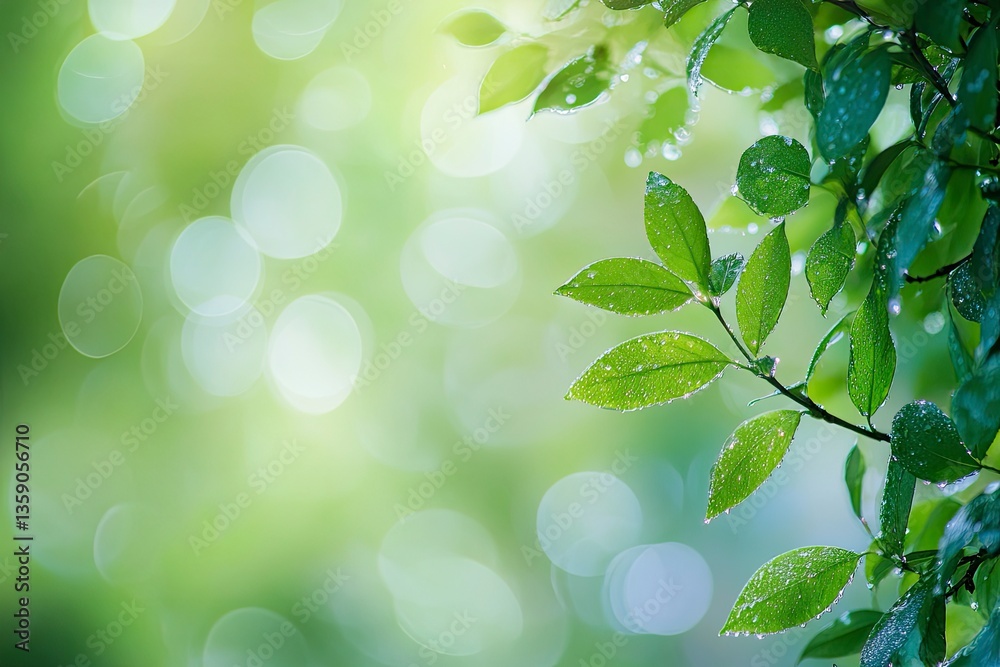 Obraz premium Fresh Green Leaves with Water Droplets Sparkling in Soft Spring Light