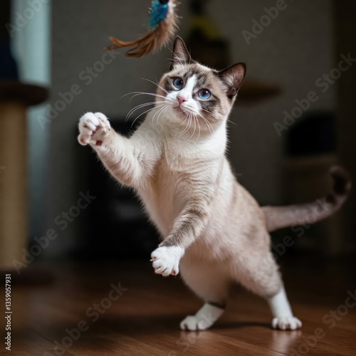 Joyful Feline Trying to Catch Feathers