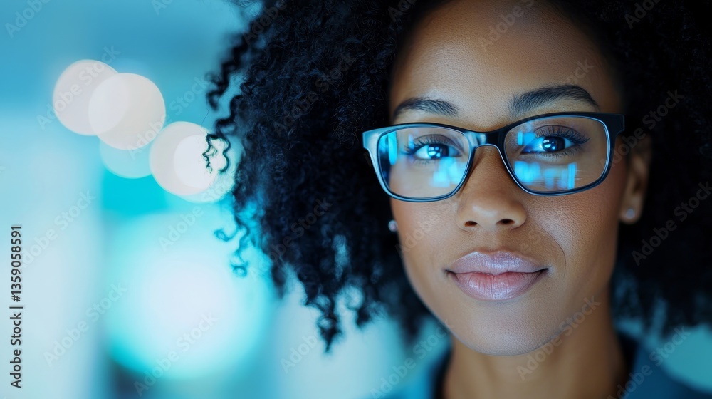 Close-Up Portrait of a Woman with Curly Hair and Glasses in a Modern Office Environment Close-Up Portrait of a Woman with Curly Hair and Glasses in a Modern Office Environment