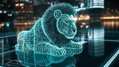 Digital Lion: A Holographic Beast in a Futuristic Cityscape