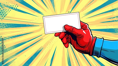 Comic Book Style Hand Holding Blank Card on Yellow Burst Background

