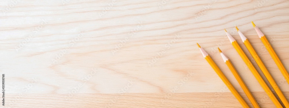 Fototapeta premium Colorful Yellow Pencils Arranged Neatly on Light Wooden Surface