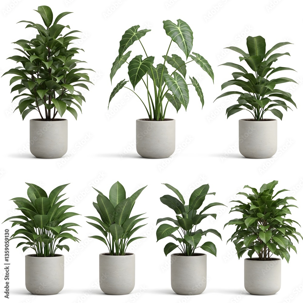 Fototapeta premium A collection of stylish indoor plants in modern pots, adding a touch of greenery to any home or office. Perfect for enhancing your living space with fresh, vibrant foliage.