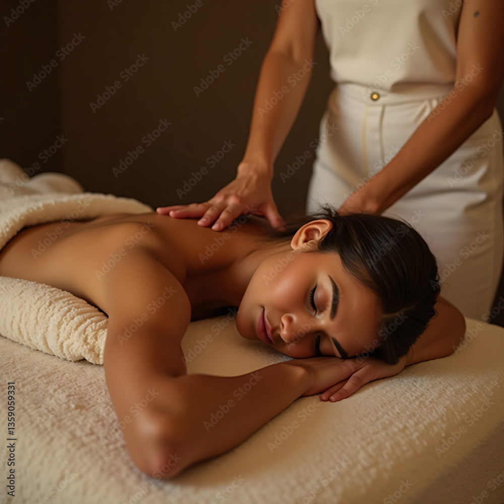 Obraz premium Beautiful young woman getting back massage in spa salon. Beauty treatment concept.