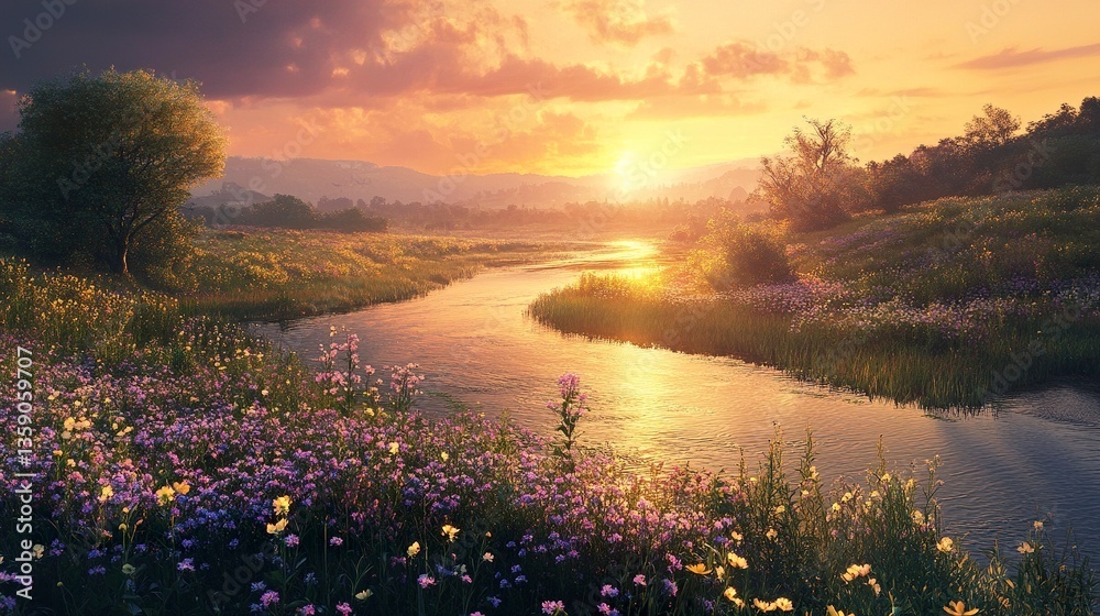 Obraz premium A winding river surrounded by flowering meadows radiant in sun's warm glow peaceful and idyllic countryside scene.