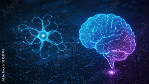 Digital illustration of human brain and neural network on circuit background Concepts of artificial intelligence and technology