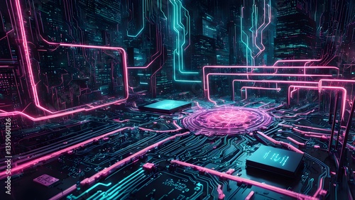 Neon Cityscape Circuit Board: Futuristic Technology