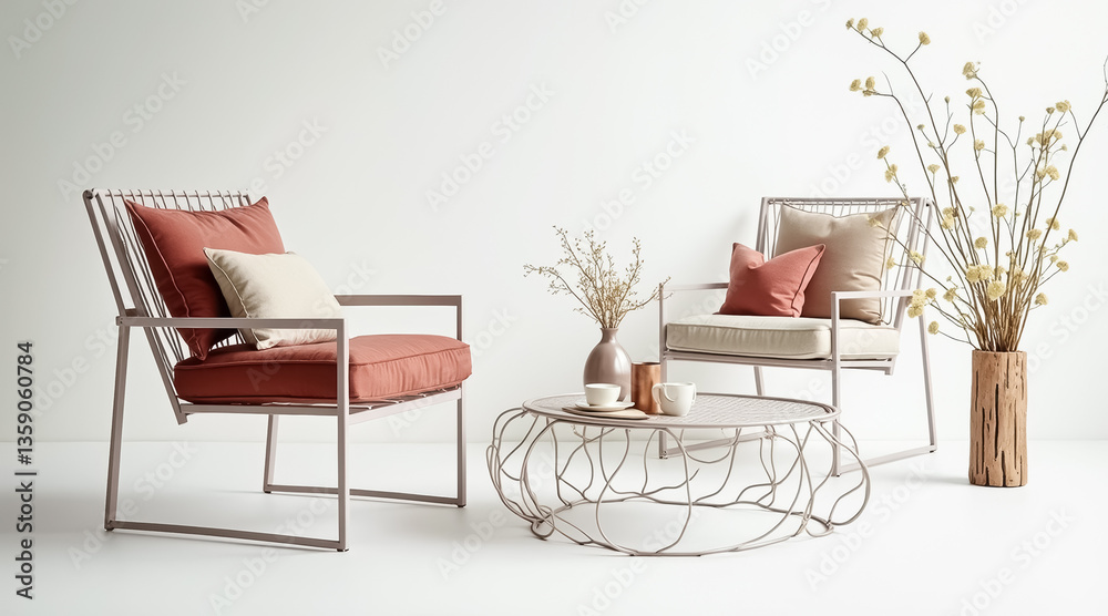 Fototapeta premium two coral-cushioned chairs and a metal coffee table in a minimalist living room