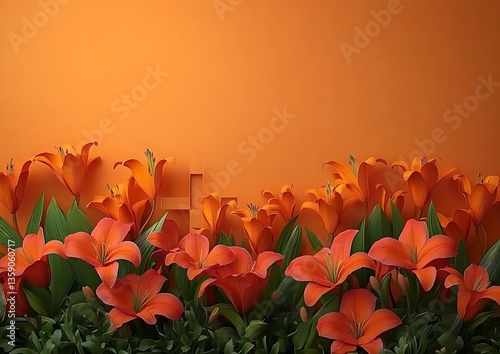 Vibrant orange lilies with green leaves on an orange background