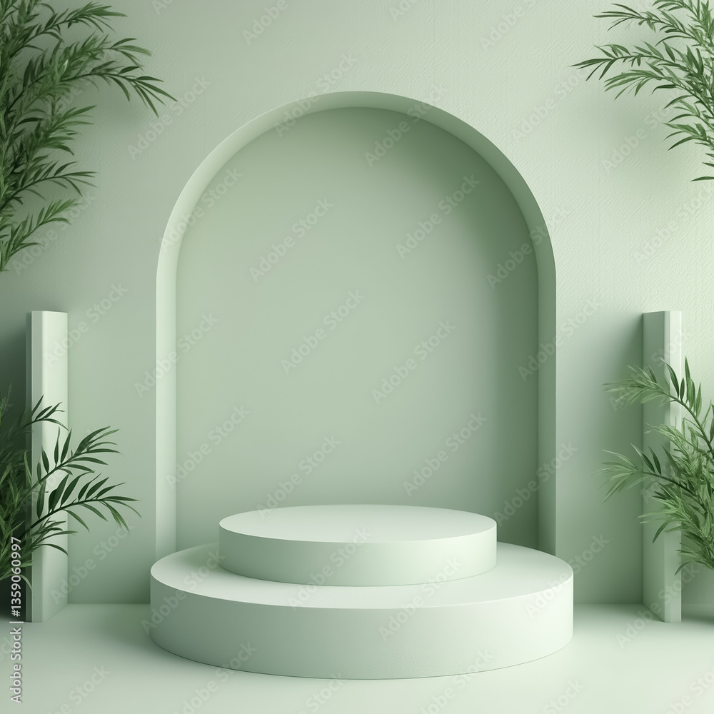 two-tiered cylindrical display platform with lush green foliage two-tiered cylindrical display platform with lush green foliage