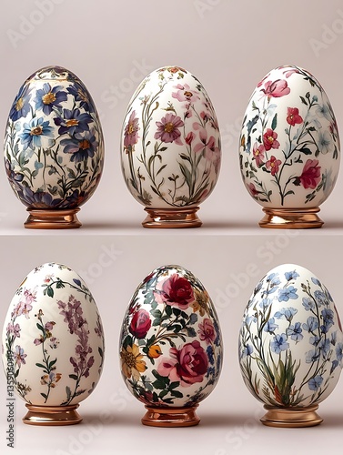 Six beautifully decorated eggs each covered in floral patterns